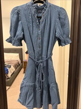 GAP Dusty Blue Textured Button-Front Midi Dress with Braided Tie